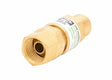 The Harris Model 88-5 FBTR Torch-Type Flashback Arrestor (R) - 4302203 is a brass oxygen flashback arrestor with threaded ends and a white label, designed to prevent reverse gas flow or flashbacks during welding for safety.