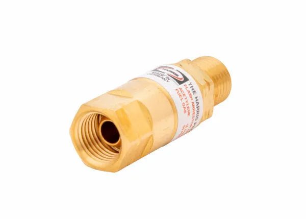 The Harris Model 88-5N FBTL Torch-Type Flashback Arrestor (L) - 4301629 is made of brass for fuel gas, with hexagonal ends and threaded connections. A white label with red and black text wraps around the middle. Shown on a white background.