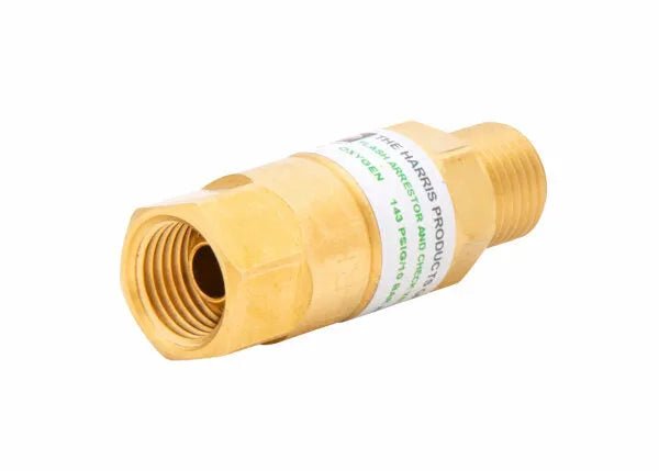 The Harris Model 88-5N FBTR Torch-Type Flashback Arrestor (R) - 4301628 features a brass hexagonal body, threaded male/female ends, and a white label with green text and manufacturer details. Set against a plain white background.