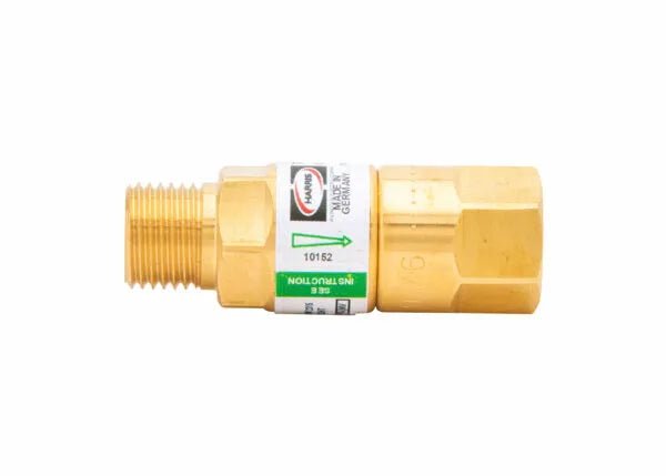 The Harris Model 88-5N FBTR Torch-Type Flashback Arrestor (R) - 4301628 features a brass body, threaded male left fitting, hexagonal female right fitting, and a white label with safety info, branding, gas direction in green, and model details.