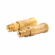 Two brass regulator check valves with hexagonal middles, threaded ends, and engraved markings, placed side by side on a white background.