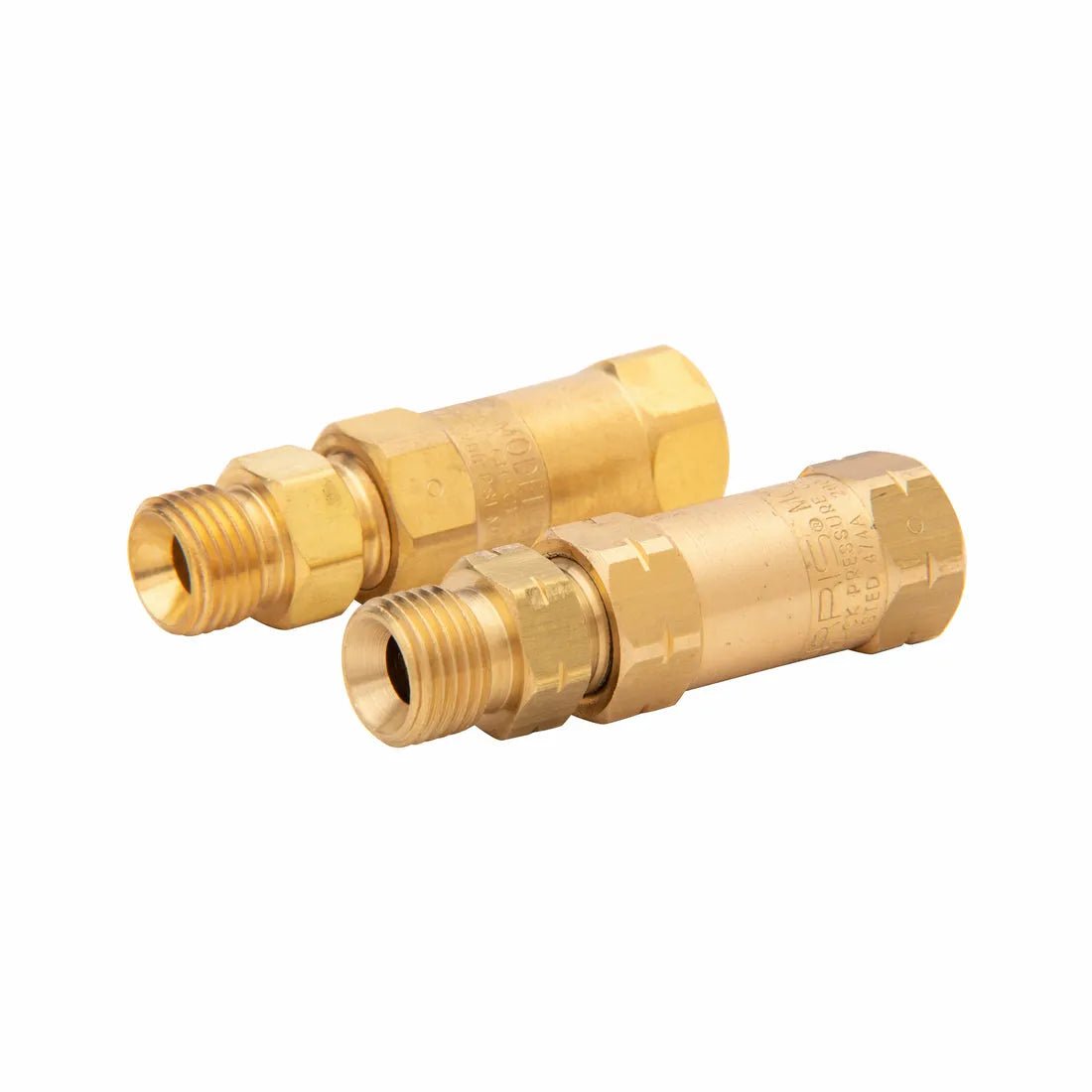 Two brass regulator check valves with hexagonal middles, threaded ends, and engraved markings, placed side by side on a white background.