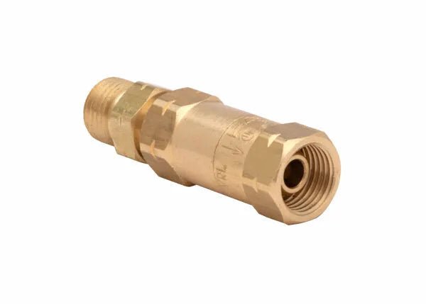 The Harris Model 88-6CVRL Regulator-Type Check Valve (L) - 4300384 features a brass hexagonal body with one internal threaded end and one external threaded fitting, shown against a white background.