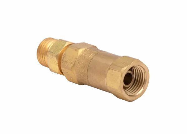 The Harris Model 88-6CVRR Regulator-Type Check Valve (R) - 4300383, made of brass with external threads on one end, internal threads on the other, and a hexagonal center for wrench tightening, is shown against a white background.