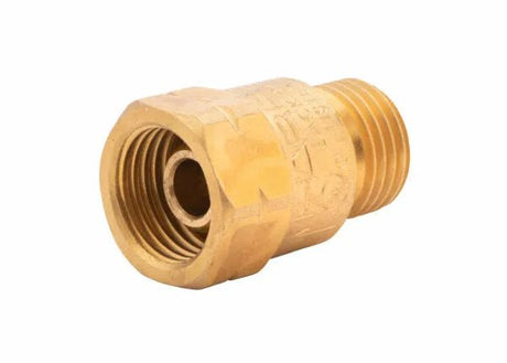 The Harris Model 88-6CVTL Torch-Type Check Valve (L) – 4300161 is a brass, hexagonal fitting with shiny gold finish and both male and female threaded ends, featuring visible threading inside the female end and on the outer male end.