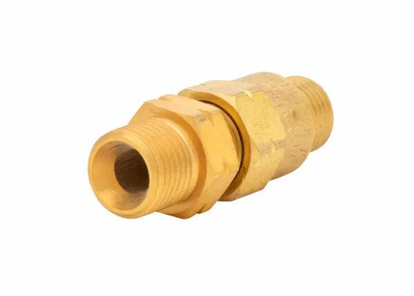 The image shows a Harris Model 88-7CVRL Regulator Replacement-Type Check Valve (L) - 4300382, a brass pipe fitting with male threaded ends and a central hexagonal nut, typically used in regulator replacement or gas system plumbing.