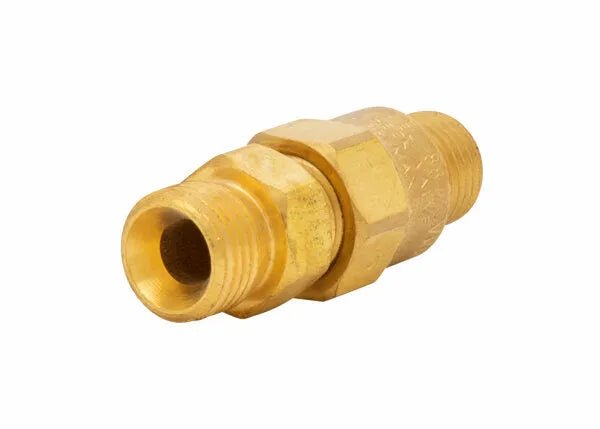 The Harris Model 88-7CVRR Regulator Replacement-Type Check Valve (R) - 4300381 features threaded male ends, a hexagonal wrench-tightening center, and a brass finish. Perfect for regulator replacement or safety upgrades in plumbing systems.