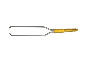 Close-up of a tool resembling Harris 9501 TWIN TIP, 6 7/8 SS-QC9501 for precise brazing in welding with alternative fuel gases.