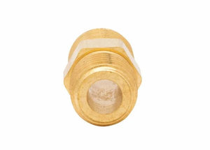 Close-up of Harris 957-R brass nipple-outlet for Ironferno Torch, welding accessory with hex shape and threading on white background.
