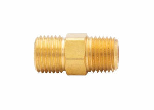 Harris 957-R brass nipple-outlet fitting for Ironferno Torch, male threaded ends, hex center—welding tool pipe connector.