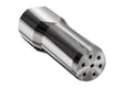 The Harris Model 9690 5 Heavy Duty Chrome Plated Tip (QC9682) features a polished, reflective finish, a hexagonal section at one end, and six evenly spaced holes on the circular tip for multi-flame brazing.