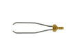 A metal tool with two straight, parallel prongs slightly bent at the tips and attached to a threaded brass hex fitting, resembling a Harris Model 9690 TWIN TIP - QC9690 brazing torch.