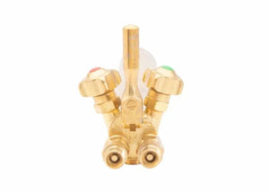 Front view Harris 98-3TF-32 Machine Cutting Torch, 5.5" barrel, brass dual valve, welding tool with red/green gas control knobs.