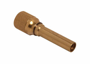 Brass hose nozzle with a knurled grip and cylindrical body, commonly used for attaching to garden hoses for water flow control, also suitable for applications involving all fuel gases and positive pressure mixer systems.