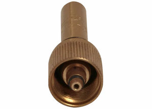 Close-up view of a brass Schrader valve core tool, used for removing and installing valve cores in tire valve stems. Ideal for welding, brazing, heating applications and compatible with positive pressure mixer systems. The tool has a knurled grip.