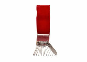 A front-facing view of the Harris Model C-9 Standard One-Piece Tip Cleaner (9000156) with a red handle. Thin, evenly spaced metal prongs extend downward, resembling an onion holder. Background is plain white.