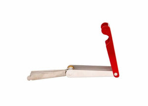 The Harris Model C-9 Standard One-Piece Tip Cleaner (9000156) is shown partially open, revealing metal tool blades and a welding tip cleaner with a red handle, set on a plain white background.