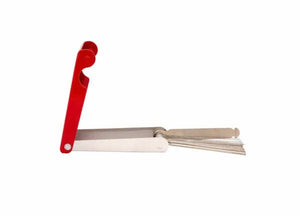 The Harris Model C-9 Standard One-Piece Tip Cleaner (9000156) is pictured partially open, with multiple thin metal blades fanning out from the silver base and red handle, set against a plain white background.