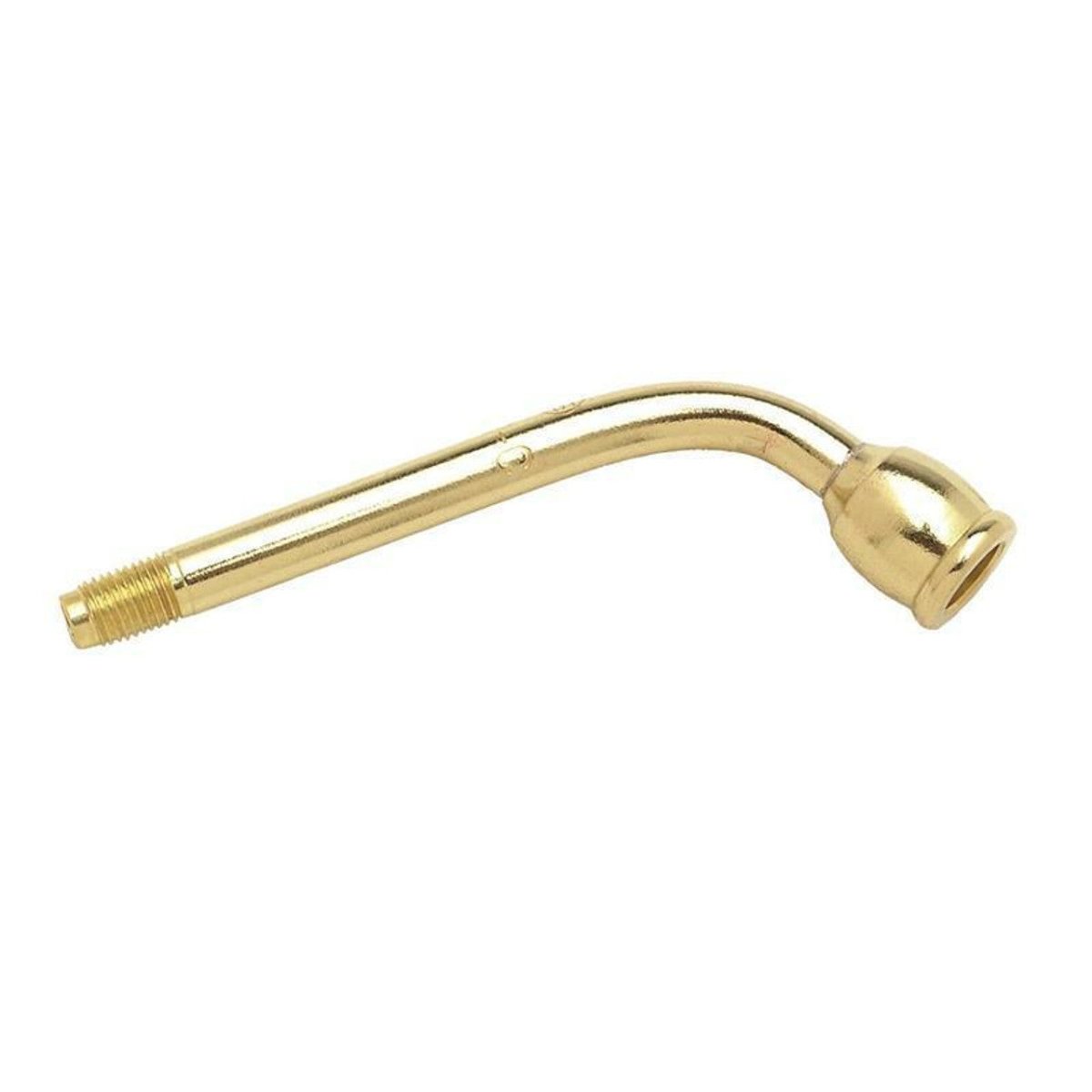 A shiny, gently curved brass gooseneck spout with threaded end, designed for plumbing or faucet installation—compatible with the Harris 9100872 D-50CXL Tip Tube and Model 1390 Series tips.