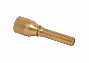 A brass hose nozzle with a knurled grip and cylindrical tip, designed for controlling water flow, demonstrates quality metal fabrication, shown against a white background.