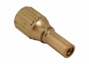 A brass garden hose connector with a knurled grip and threaded end, inspired by heavy duty welding mixer designs, is ideal for attaching a hose to a water source or another hose.