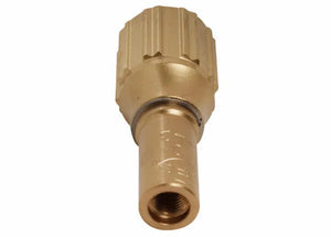 A close-up of a brass hose connector with a ridged grip and threaded end, compatible with heavy duty welding mixer systems for all fuel gases, viewed against a white background.