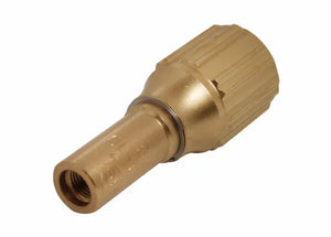 Close-up of a brass quick-connect fitting or coupling, used for attaching hoses or pipes in heavy duty welding mixer setups. The fitting has a threaded end and a ridged, cylindrical grip section.