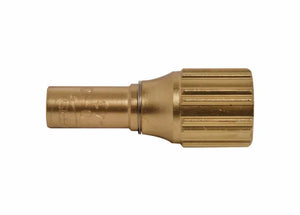 A brass hose connector with a ridged, cylindrical body and a smaller smooth end, designed for attaching to hoses or pipes in heavy duty welding mixer setups. The connector is oriented horizontally against a white background.