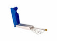 The Harris Model E-9 Two-Piece Tip Cleaner (9000160) is shown open with thin wire brushes and a small end brush, featuring a blue plastic handle and silver metal section against a plain white background.