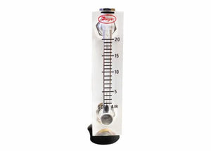 The Harris 5401201 - FM520 HVAC Flowmeter features a clear vertical acrylic body, black 0-20 SCFH AIR scale, red top logo, silver adjustment knob at the base, and a small float for accurate zero-compensated flow control.