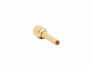 The Harris 9100100 H-16-S Alternate Fuels Injector Mixer is a compact brass nozzle with a threaded cap and narrow extension, designed for low-pressure gas mixing, shown against a white background.
