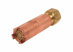 Harris Model H-62-3P Heating Tip 9100520 for Harris cutting torches, copper/brass welding accessory, multiple end holes, white background.