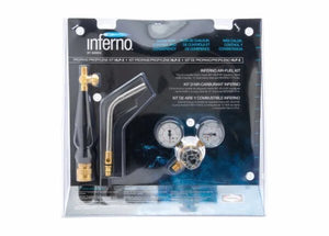 The Harris Model HLP-3 HQB-4 601-510P Quick Connect B hose Inferno Kit (4400090) includes a torch handle, angled nozzle, air fuel gas regulator with dual gauges, and quick connect hose in a blister pack with black cardboard backing.
