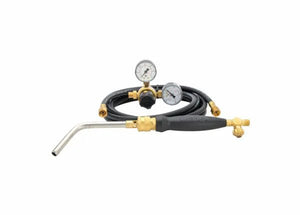The Harris Model HLP-3 HQB-4 601-510P Quick Connect B hose Inferno Kit (4400090) includes a propane torch with a curved nozzle, black handle, coiled hose, dual pressure gauges, brass fittings, and an air-fuel gas regulator.