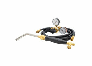 The Harris Model HLP-3 HQB-4 601-510P Quick Connect B hose Inferno Kit - 4400090 features a black handle, brass fittings, curved nozzle, two gauges, regulator, and hoses—ideal for heating and soldering. Items shown arranged on a white background.