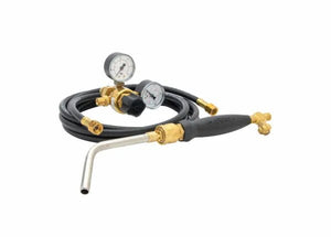 The Harris Model HLP-3 HQB-4 601-510P Quick Connect B hose Inferno Kit (4400090) features a black quick connect hose, two gauges, brass connectors, a metal torch with curved nozzle, and air fuel gas regulator mounted on the hose.