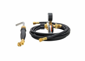 The Harris Model HLP-3 HQB-4 601-510P Quick Connect B Hose Inferno Kit - 4400090 includes a black quick connect hose, brass fittings, an air fuel gas regulator with gauge, and a torch handle with bent metal nozzle on white background.