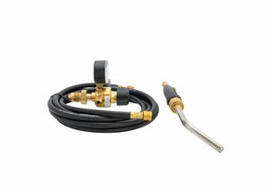 The Harris Model HLP-3 HQB-4 601-510P Inferno Kit (4400090) includes a coiled quick connect B hose, brass air-fuel gas regulator with gauge, and a separate metal torch wand with black handle, all shown against a white background.