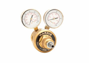Harris HP3550-250P High Purity Brass Regulator 4000957 for welding, with dual gauges, stainless diaphragm, on white background.