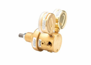 Harris HP3550-250P High Purity Brass Regulator for welding, dual gauges, stainless diaphragm, threaded connectors, white background.