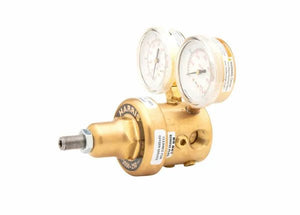 Harris HP3550-250P Brass Regulator for welding, stainless diaphragm, dual gauges, threaded connector, shown on white.