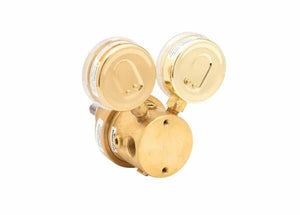 Harris HP3550-250P High Purity Brass Regulator with stainless steel diaphragm, dual gauges for welding tools, on white background.
