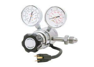 The Harris 3100220 - HP715-100SCFH-320 120 volt Flowgauge Regulator is a metal welding gas regulator with two gauges, a large black INCREASE-DECREASE knob, threaded fitting, three-prong plug, and electrical heating, shown on a white background.
