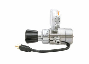 The Harris 3100220 - HP715-100SCFH-320 120 volt Flowgauge Regulator features an electric heater, black knob, top-mounted pressure gauge, and a three-prong power cord, shown against a plain white background.