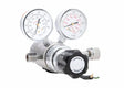 Harris 3100221 HP715-100SCFH-320 welding flowgauge regulator with dual gauges, control knob, and connectors on white background.