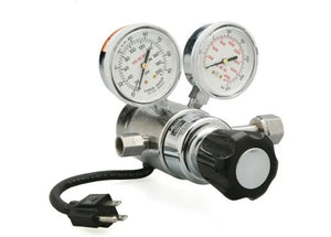 Harris 3100221 HP715-100SCFH-320 240V welding flowgauge regulator with dual gauges, adjustment knob, and power cord on white.