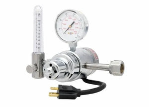 Harris 3100402 CO₂ Flowmeter Regulator with pressure gauge and power cord for precise welding gas control in arc welding setups.