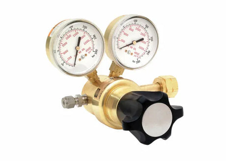 The HP8700 Single Stage Pressure Regulator is a brass high pressure regulator with two round gauges and a large black knob, designed to control and monitor gas flow from a cylinder.