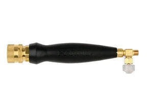 The Harris 1400084 HQA-4 Inferno Air-Fuel A-Hose Quick Connect Torch Handle features a brass and black cylindrical grip, metallic connector on the left, angled valve with knurled silver knob on the right, and HARRIS embossed on the handle. Photographed on white.