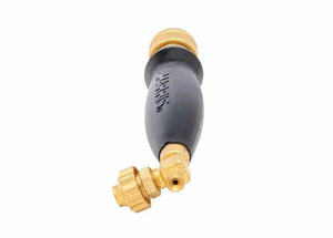 A Harris 1400084 HQA-4 Inferno Air-Fuel A-Hose Quick Connect Torch Handle in black and gold lies on a white background, featuring brass A-hose connections and an angled quick-connect end for brazing.